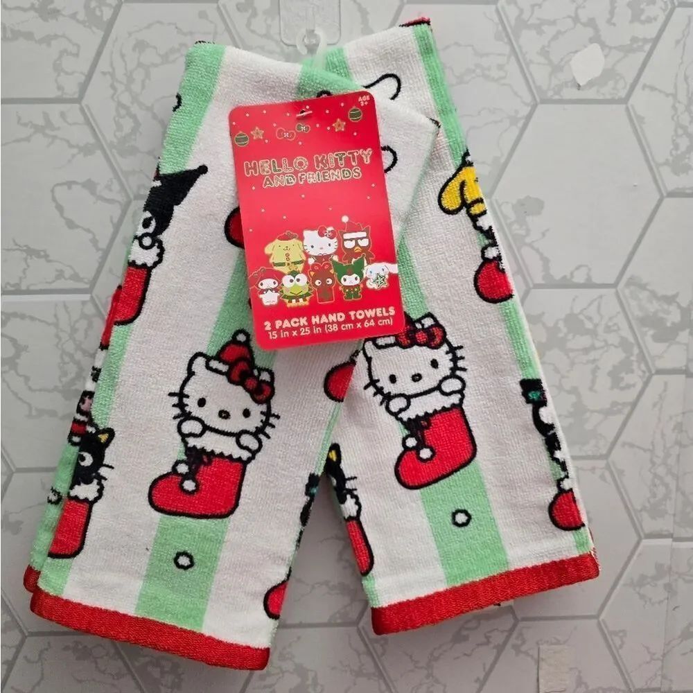 Nwt Christmas 2pc Hello Kitty Hand Towels Set, 15"x25"
